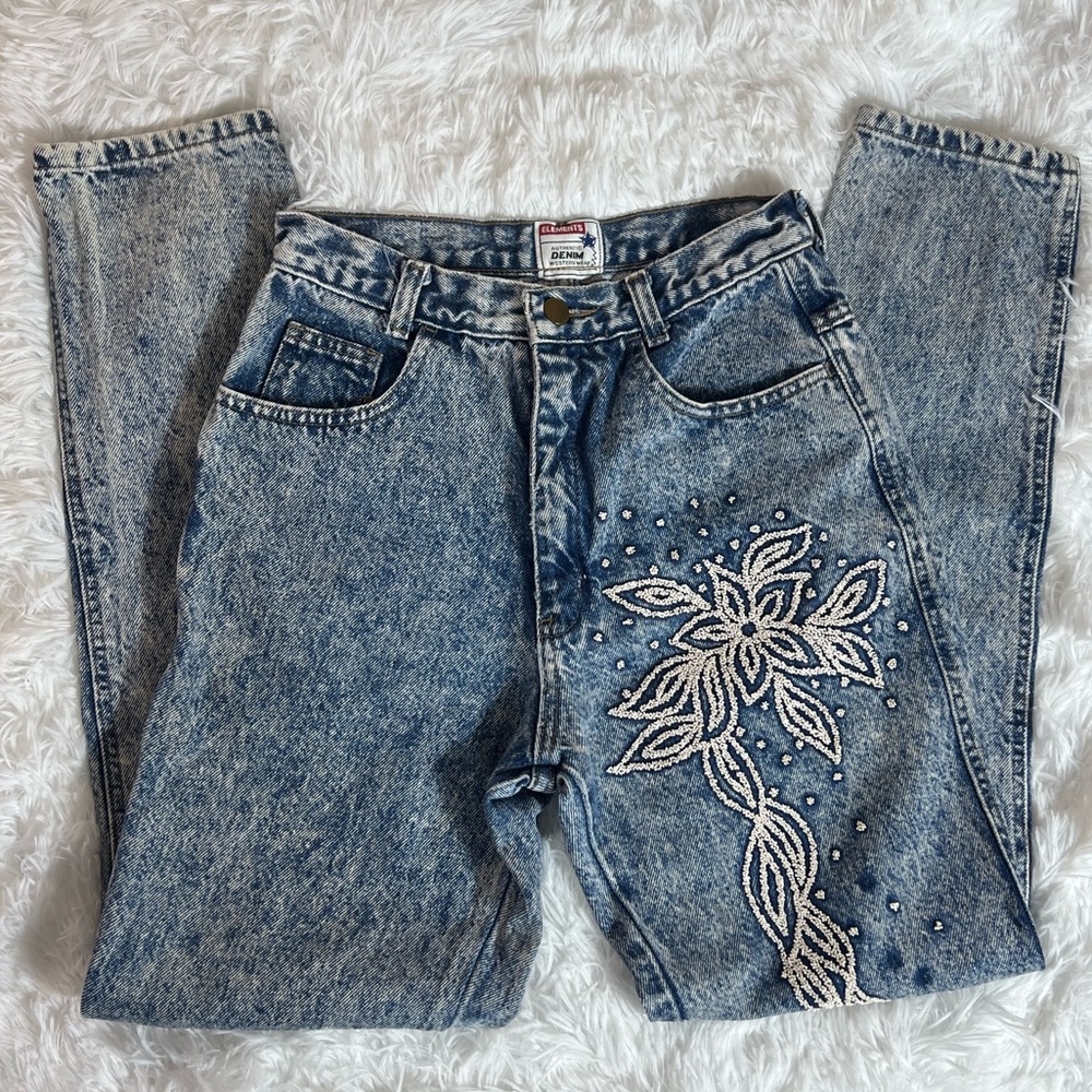 Vintage Elements Acid Wash Denim Jeans Size 9 | Embroidered Floral Western Wear
